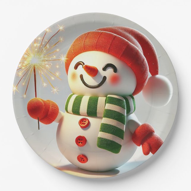 Plato De Papel Muñeco de nieve alegre (Anverso)
