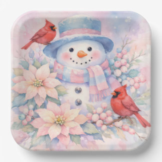 Plato De Papel Muñeco de nieve de acuarela pastel, flor de pascua