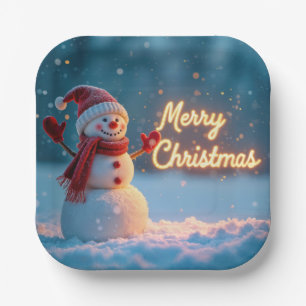 Plato De Papel Muñeco de nieve de Feliz Navidad con letrero de ne
