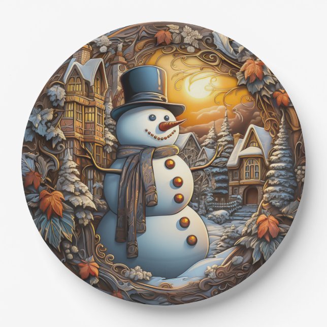Plato De Papel Muñeco de Nieve de Navidad (Anverso)