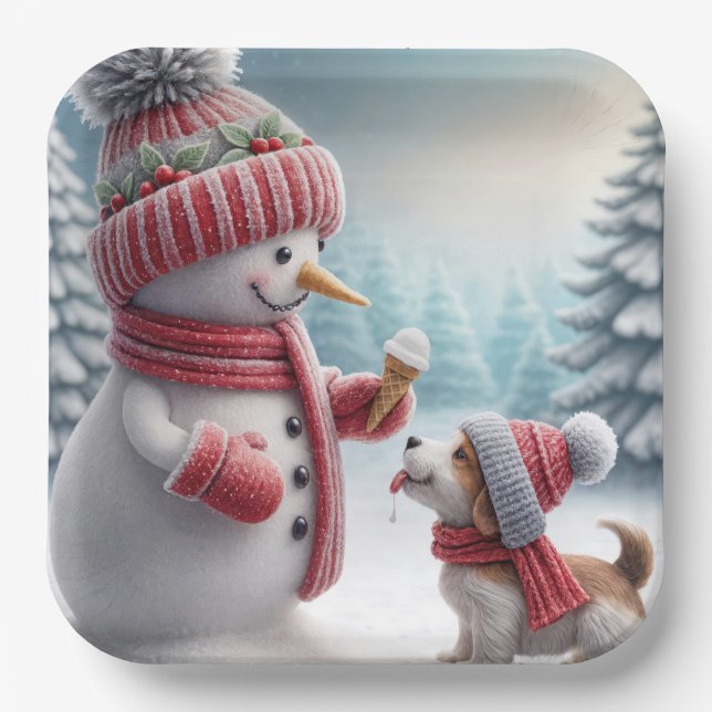 Plato De Papel Muñeco de nieve de Navidad con perro (Anverso)