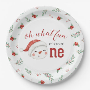 Plato De Papel Muñeco de Nieve de Navidad Holly Primer Cumpleaños