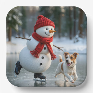 Plato De Papel Muñeco de nieve de Navidad patinando con perro
