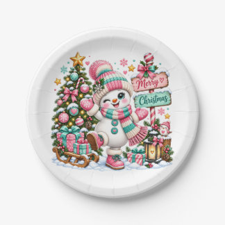 Plato De Papel Muñeco de Nieve de Navidad Rosa Lindo