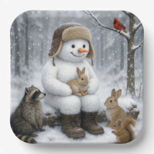 Plato De Papel Muñeco de nieve en bosques invernales con amigos a