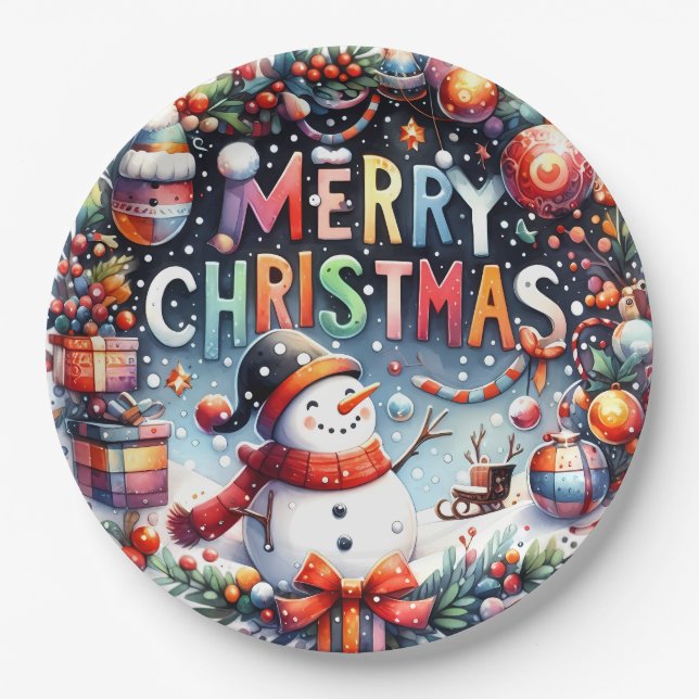 Plato De Papel Muñeco de nieve Feliz Navidad  (Anverso)