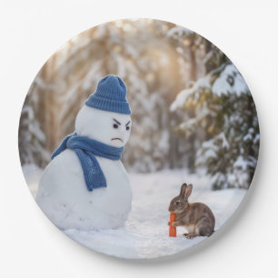Plato De Papel Muñeco de nieve frunciendo el ceño a un conejo