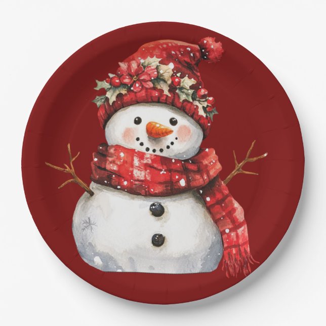 Plato De Papel Muñeco de nieve rojo lindo Navidad  (Anverso)