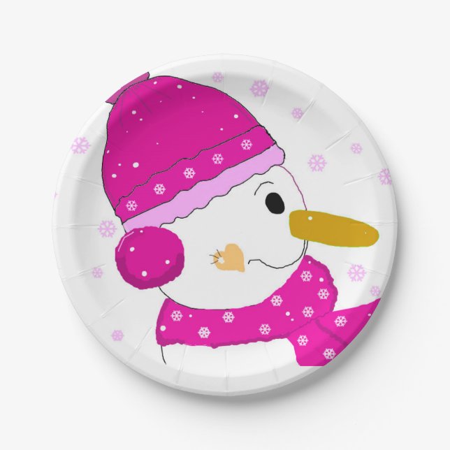 Plato De Papel Muñeco de nieve rosa (Anverso)