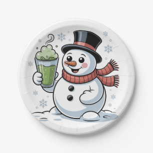 Plato De Papel Muñeco de nieve sosteniendo una bebida de matcha d