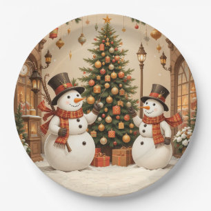Plato De Papel Muñecos de nieve festivos retro y árbol de Navidad