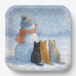 Plato De Papel Muñecos de nieve y gatos en un campo nevado