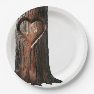 Plato De Papel Muñón de árbol con corazón tallado boda rústica mi