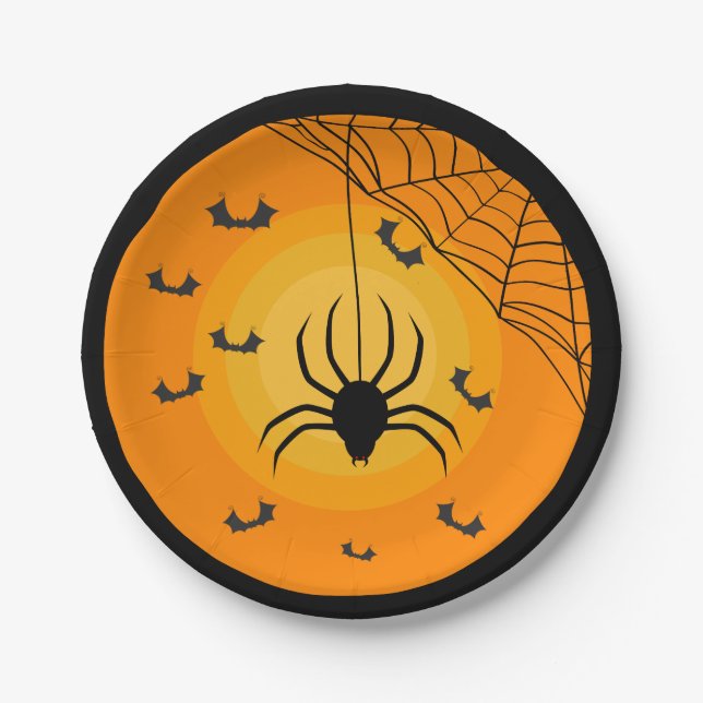Plato De Papel Murciélagos de telaraña naranja negro niños fiesta (Anverso)