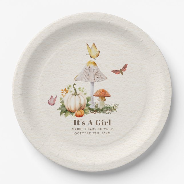 Plato De Papel Mushroom Pumpkin Butterfly Woodland Baby Shower (Anverso)