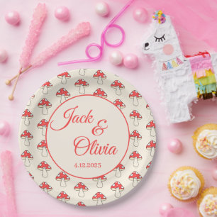 Plato De Papel Mushrooms Cute Retro Kawaii Personalizado apellido