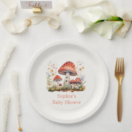 Plato De Papel Mushrooms Floral Baby Shower