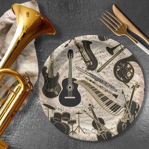 Plato De Papel Música de hojas e instrumentos Black/Gold ID481