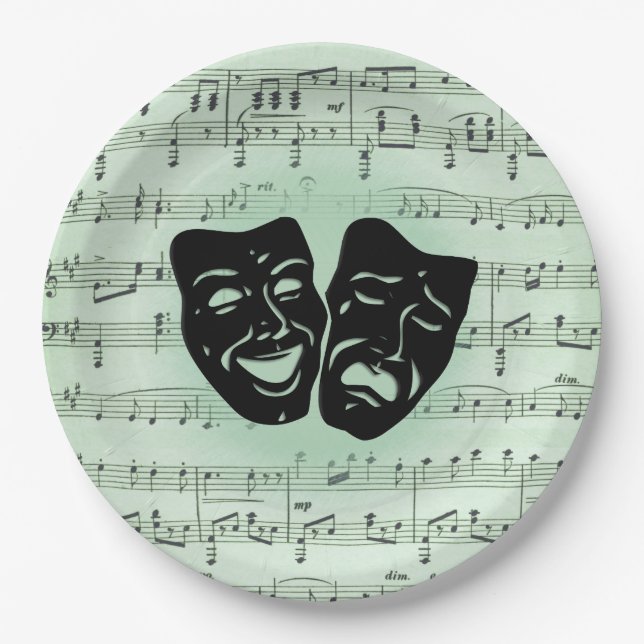 Plato De Papel Música verde y máscaras griegas de teatro (Anverso)