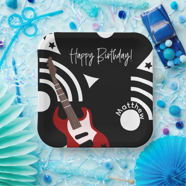 Plato De Papel Musical Rock Star Electric Guitar Birthday (Fiesta)