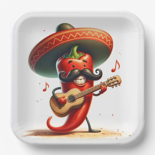 Plato De Papel Músico Cinco de Mayo de pimienta roja (Anverso)