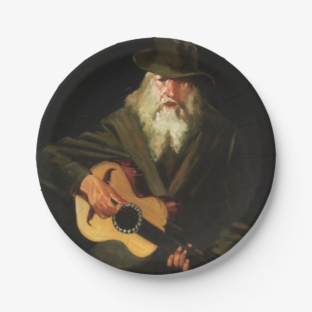 Plato De Papel Músico de hobo (hombre viejo guitarista) (cosecha) (Anverso)