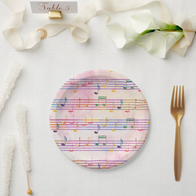 Plato De Papel Músico de notas multicolores (Boda)