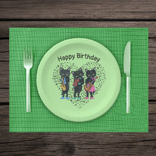 Plato De Papel Músicos de gato negro instruye música nota corazón