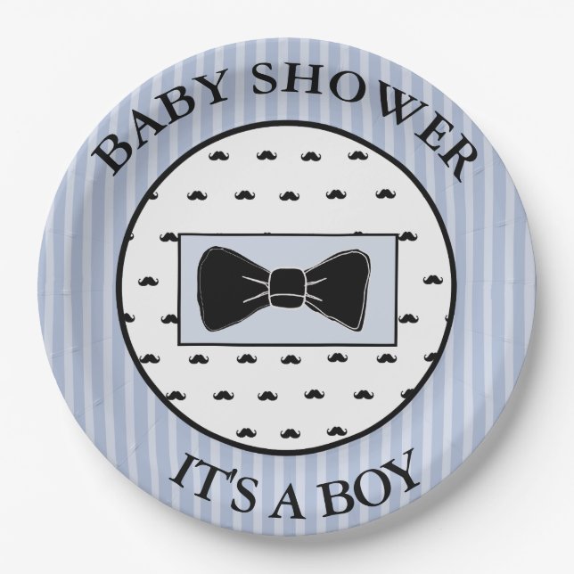 Plato De Papel Mustache azul de Baby Shower y placas Bowtie (Anverso)