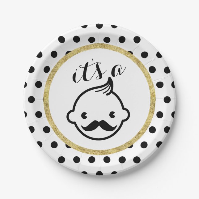Plato De Papel Mustache Boy Cute Polka Dots Baby Shower (Anverso)
