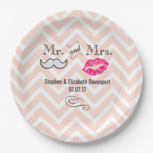 Plato De Papel Mustache & Lips Mr. y la Sra. Peach Chevron Boda
