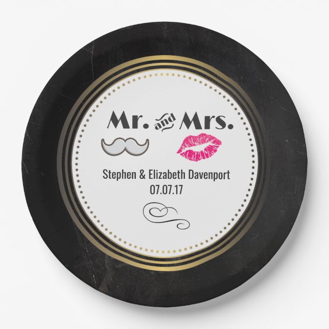 Plato De Papel Mustache & Lips Mr. y Sra. Black & Gold Boda (Anverso)