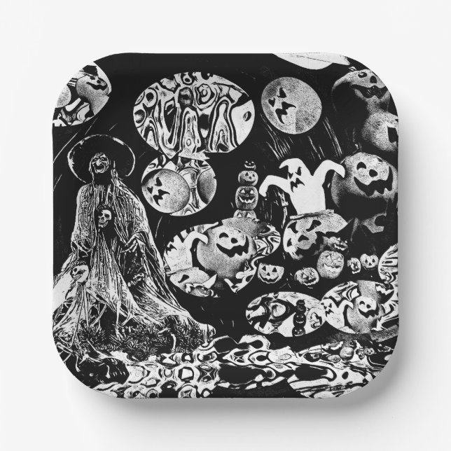 Plato De Papel My Super Halloween black and white (Anverso)