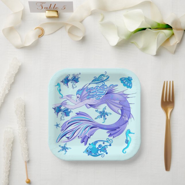 Plato De Papel Mystic Mermaid Fairy Purple Creple Ceramic Tile (Boda)