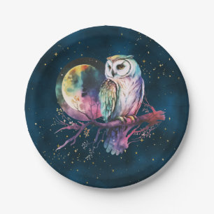 Plato De Papel Mystical Rainbow Owl y Full Moon Celestial