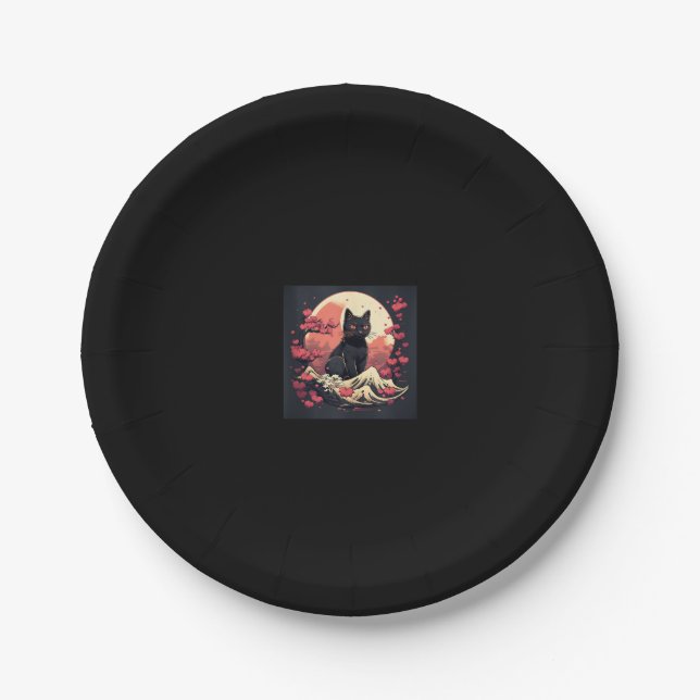 Plato De Papel Mystical Sakura Night_ Black Cat con Luna llena (Anverso)