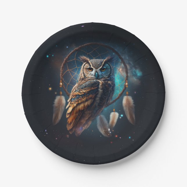 Plato De Papel Mystical Space Owl with Dreamcatcher Art       (Anverso)