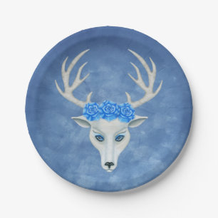 Plato De Papel Mystical White Deer Head on Blue Wearing Rosas