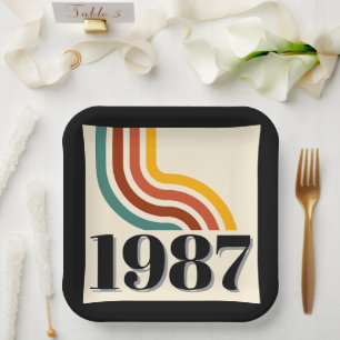 Plato De Papel Nacido Vintage en 1987 Raya Retro 40 Cumpleaños