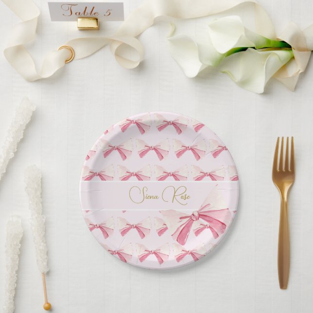 Plato De Papel Nacimiento acuarela Bow Cute Rosa (Boda)