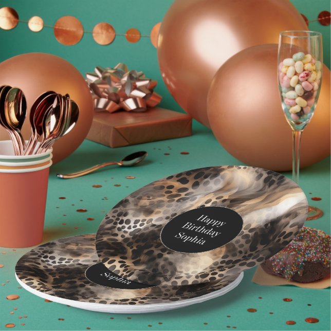 Plato De Papel Nacimiento de animales del leopardo negro (Multi)