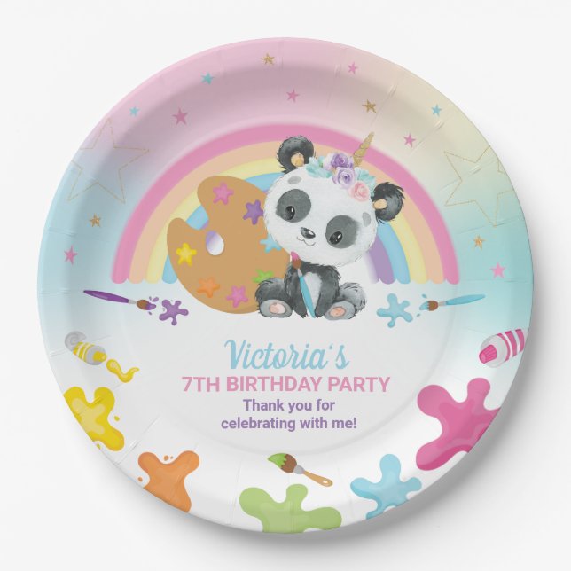 Plato De Papel Nacimiento de arte Cute Panda Fiesta Rainbow (Anverso)