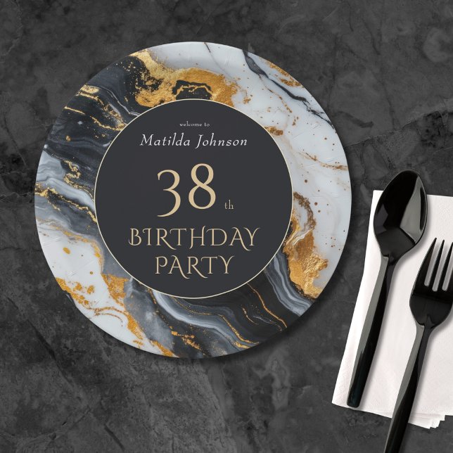 Plato De Papel Nacimiento de cualquier edad en negro y oro (Black and Gold Any Age Birthday Paper Plates)