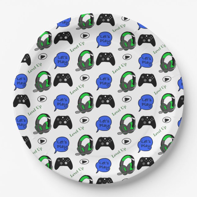 Plato De Papel Nacimiento de Gamer Boy Blue Pixels (Anverso)