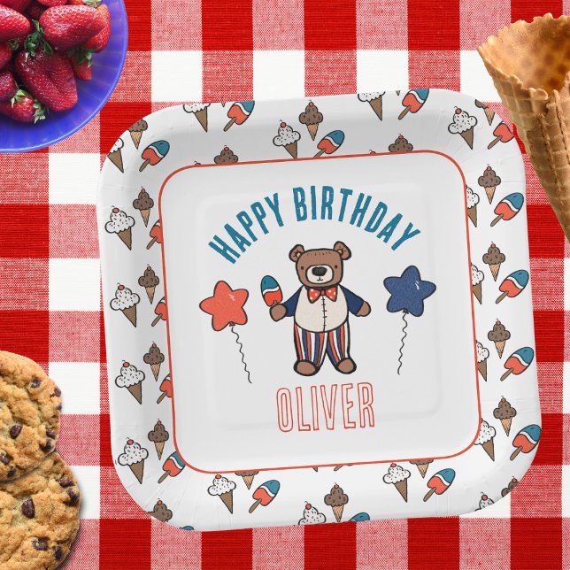 Plato De Papel Nacimiento de los Fiestas de helado rojo blanco y  (Personalized 4th of July Bear Birthday Party Plate)