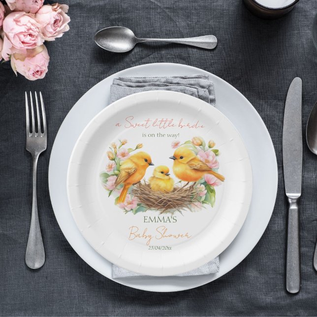 Plato De Papel Nacimiento de naves pronto la ducha de bebé primav (Little birdie hatching soon spring baby shower template paper plates personalized tableware canary)