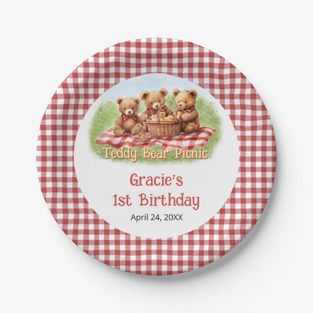 Plato De Papel Nacimiento de picnic Red Teddy Bear (Anverso)