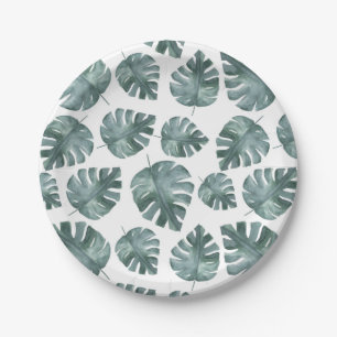 Plato De Papel Nacimiento del patrón Monstera de color azul verde