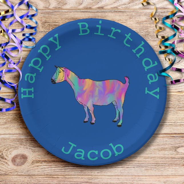 Plato De Papel Nacimiento Granja de Cabra Arcoiris Animal Añadir  (Cute goat colorful farm animal art custom blue birthday party paper plate add name)