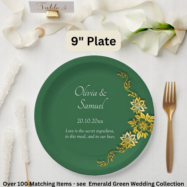 Plato De Papel Names Date Message Emerald Green & Gold 9" (Subido por el creador)